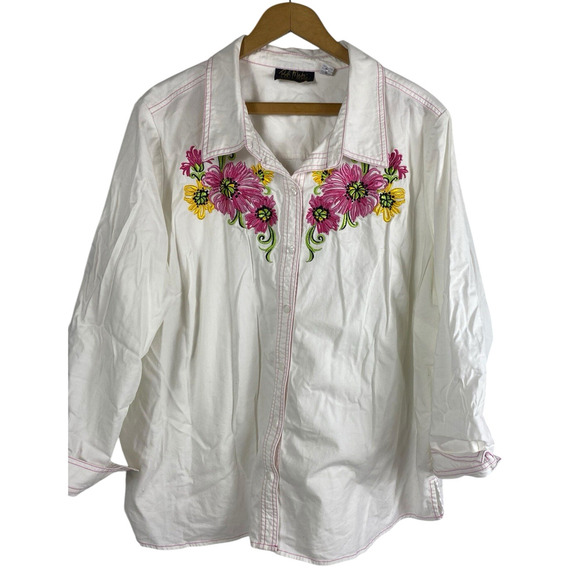Bob Mackie Embroidered Blouse Button Up White Country Western Cottagecore 2X - Picture 3 of 13